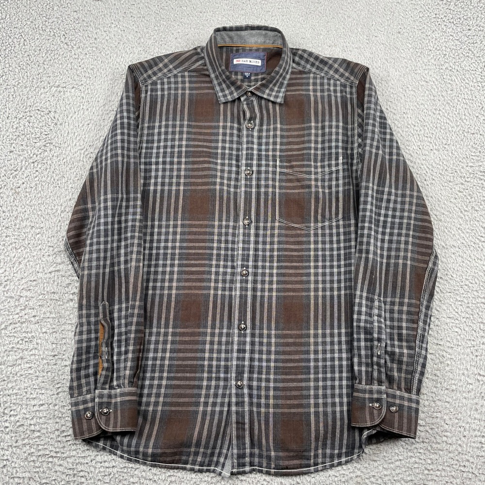 32 Bar Blues Button Down Shirt Mens M Brown Plaid Long Sleeve Cotton Pocket